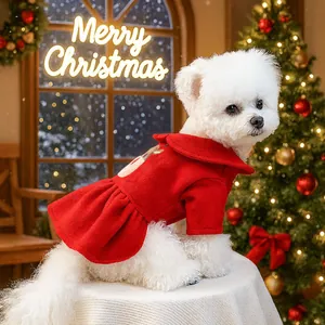 Red Christmas pet dress with elk embroidery and pleated skirt for small dogs