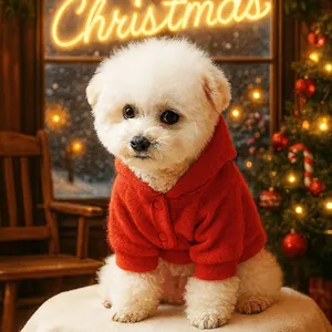Festive red hooded pet dog sweater with button closure for Christmas holiday season
