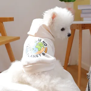 Detailed back view of a white pet hoodie with an eco-friendly earth print and message