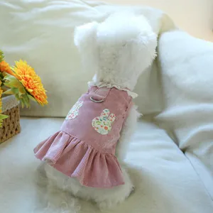 Pink corduroy pet dress with rabbit embroidery, lace collar and D-ring harness for dogs