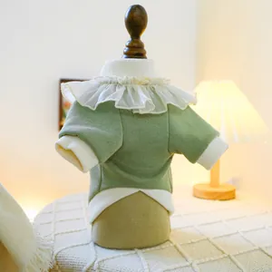 Close-up of light green knitted pet sweater with ruffle collar on a small mannequin