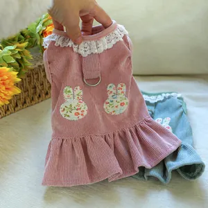 Pink corduroy pet dress with rabbit embroidery, lace collar and leash D-ring for dogs