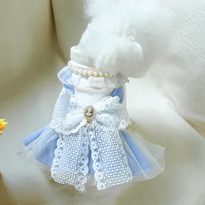 Elegant Pet Princess Dress Light Blue White Lace Bow Artificial Pearl Decor Cameo Brooch Mesh Tulle Small Dog Cat Puppy Clothes