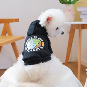 Close-up of black pet hoodie with colorful There Is No Planet B earth print design