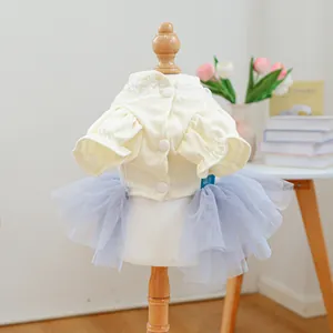 Detail of pet princess dress featuring cream rib-knit top and lavender tulle skirt