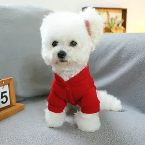 Makro-Detail des roten gestrickten Hundepullovers mit drei Knöpfen an weißem kleinem Hund