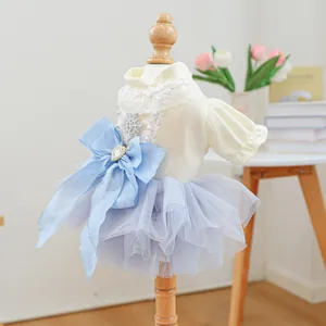 Close-up of pet princess dress with blue tutu skirt, lace trim and snowflake brooch