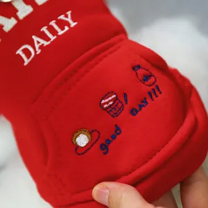 Detail eines roten Hunde-Hoodies mit 'DAILY'-Aufdruck und Stickerei auf der Rückentasche