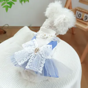 Detail of pet dress with a large lace bow, vintage cameo, and pearl chain collar
