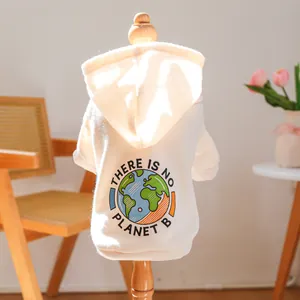 Close-up of pet hoodie with Earth print and There Is No Planet B slogan design