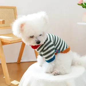 Retro colorful striped knit pet sweater for small dogs and cats with a red high collar