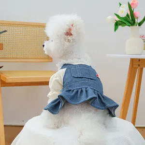 Dettaglio dell'abito in denim per animali con colletto in pizzo e orlo a balze per cani