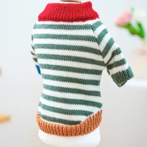 Detail of colorful retro striped knit sweater for small dogs or cats on model