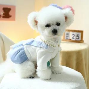 Elegant pet dog dress with faux pearl necklace and light blue mesh ruffles for small dogs