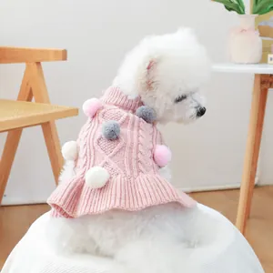 Pet Dog Sweater Dress Acrylic Knit Warm Winter Clothing With Multi Color Pom Poms Ruffle Hem For Small Dogs Cats Puppy