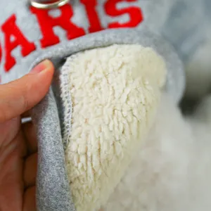 Detail eines grauen Haustier-Sweatshirts mit Paris-Stickerei und warmem Fleecefutter