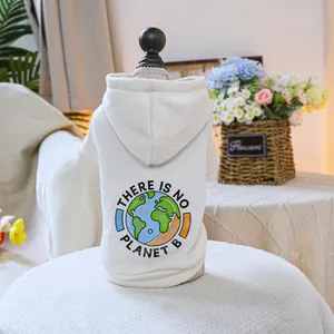 Detail of cream pet hoodie with No Planet B earth print and soft cotton texture