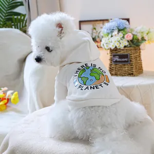 Close-up of white pet hoodie with No Planet B earth print and soft cotton fabric
