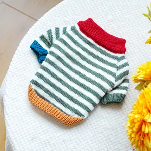Close-up of retro striped pet sweater with vibrant contrast neck and knit textures