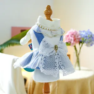Detailed close-up of pet dress with lace bow and cameo brooch on wooden mannequin