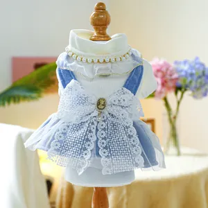 Detail of pet dress featuring a white turtleneck knit and blue skirt with lace bow
