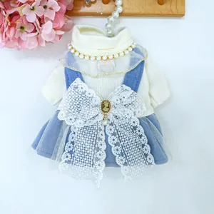 Elegant pet dog dress with knit top, blue skirt, lace bow and pearl collar decoration
