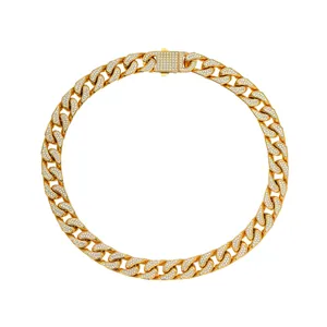 Gouden 12mm Cuban link ketting met glanzende zirkonia en luxe hip-hop uitstraling