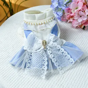 Detailed view of dog princess dress featuring pearl collar and lace bow with vintage cameo
