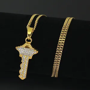 Collana con Ciondolo a Chiave con Strass Iced Out Con Catena Cuban Link in Acciaio Inossidabile Placcato Oro Gioielli Hip Hop Unisex
