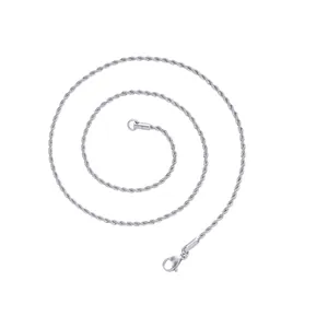 Polished 2mm stainless steel rope chain necklace with secure lobster clasp on white background