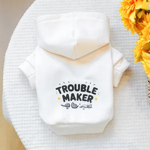 Cozy cream pet hoodie featuring Trouble Maker print and star accents for dogs and cats