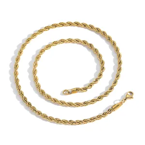 Close-up of golden stainless steel rope chain showing twisted weave and lobster clasp