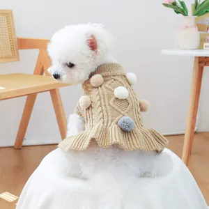 Khaki pet knit sweater with 3D pompoms and ruffled hem for small dogs and cats