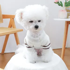 Close-up detail of a cream knitted pet sweater with brown sleeve stripes on a white dog