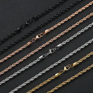 Detail view of colorful stainless steel rope chains with secure lobster clasps