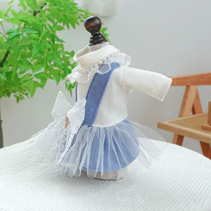 Close-up of pet dress with pearl knit collar and blue denim skirt with lace bow