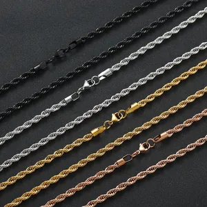 Polished stainless steel twist rope chains in black, silver, gold, and rose gold with lobster clasps
