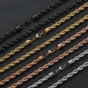 Macro shot of 6mm rope chains in gold, rose gold, black and silver stainless steel