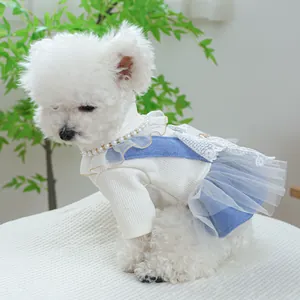 Elegant pet princess dress for small dogs with knit top and blue tulle skirt