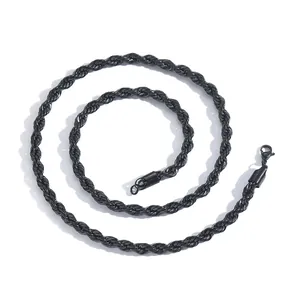 6mm black stainless steel rope chain necklace for men and women with lobster clasp