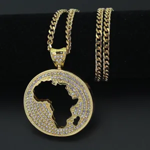 Hip Hop Afrika Karte Runder Anhänger Halskette Für Herren Damen Iced Out Strass Zinklegierung Karte Anhänger Mit Edelstahl Panzerkette Gold Silber Schmuck