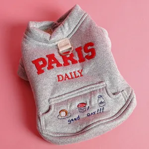 Grauer Haustier-Hoodie mit Paris-Stickerei, Fleece-Futter und integriertem D-Ring