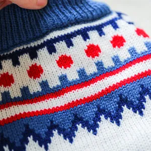 Close-up of knit pet sweater featuring colorful geometric jacquard patterns and texture