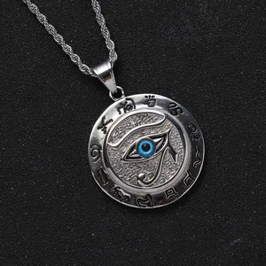 Silver stainless steel Horus Eye coin pendant necklace with blue pupil and rope chain