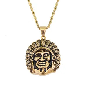 Punk vintage gold hip hop necklace featuring detailed Indian chief warrior pendant