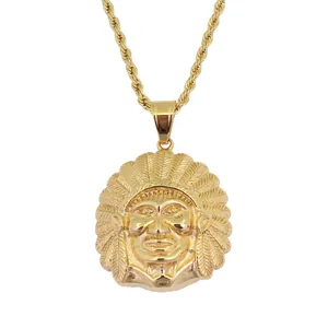 Detailed close-up of golden Indian Chief warrior pendant with intricate feather headdress