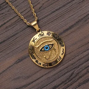 Golden stainless steel Eye of Horus medallion necklace with an Egyptian pharaoh coin style