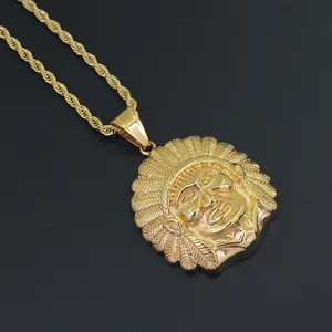 Punk style gold Indian chief warrior pendant with heavy rope chain in polished finish