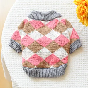 Pink and brown argyle knit sweater for small dogs and cats with grey ribbed edges