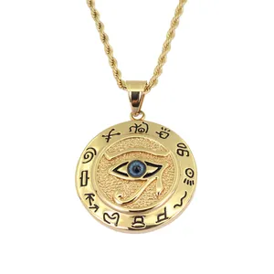 Golden Eye of Horus medallion pendant with twisted rope chain in stainless steel